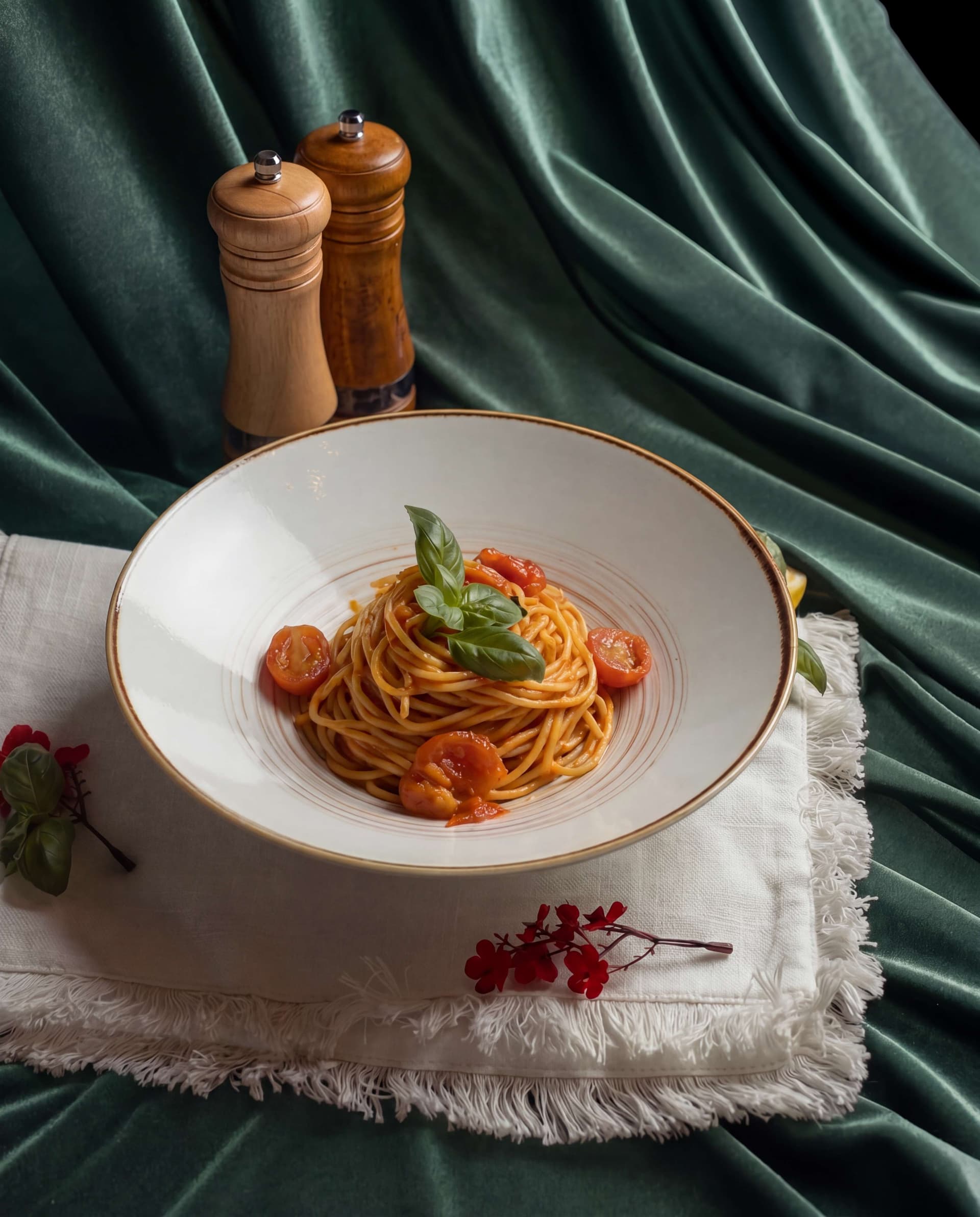Handmade pasta on green velvet